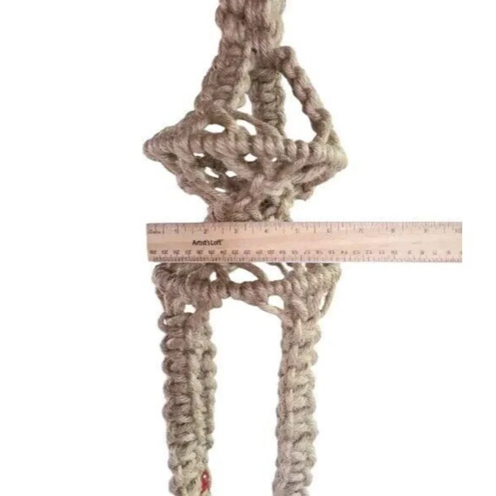 70s Macrame Thick Jute Plant Hanger 72” Long Natural Brown Boho Chunky Red Beads